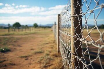 closeup of an iron wire mesh fence with wooden posts (Generative AI)