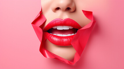 Gorgeous plump bright lips in shades of red and pink, set against a modern conceptual pop art background, appearing as if cut or ripped into a slit of colorful paper.

Generative AI - obrazy, fototapety, plakaty