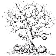 Halloween scary tree vector with halloween pumpkin sketch isolated on white background. Halloween tree in vintage style and pumpkin vector illustration.