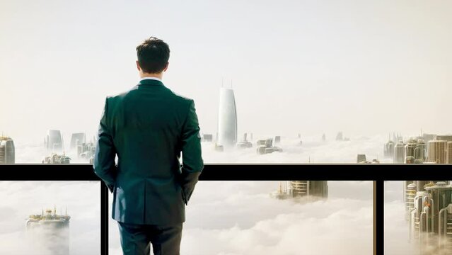 Business man overlooking city skyline background from office 
