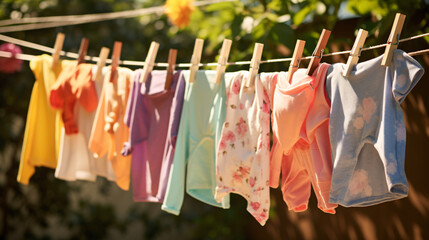 Colorful children's clothing dries on an outdoor clothesline, bathed in sunlight to protect against fading colors. Modern organic baby detergents and washing techniques employed.

Generative AI