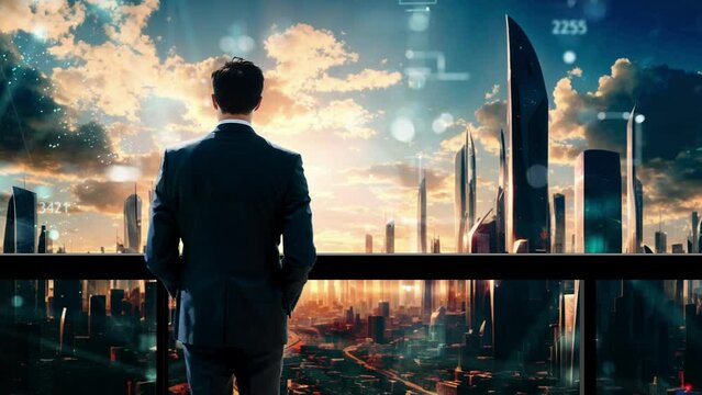 Business man overlooking city skyline background from office 