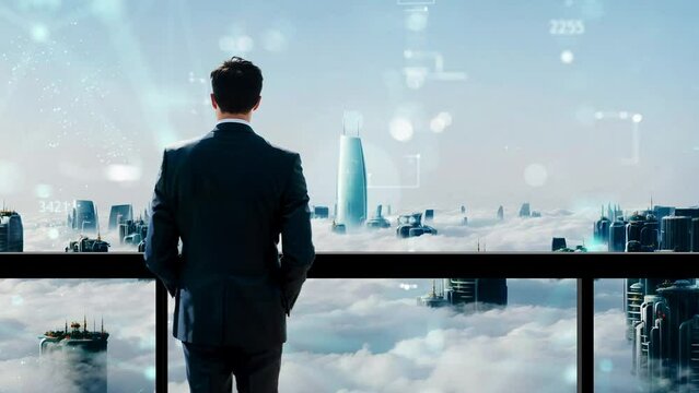 Business man overlooking city skyline background from office 