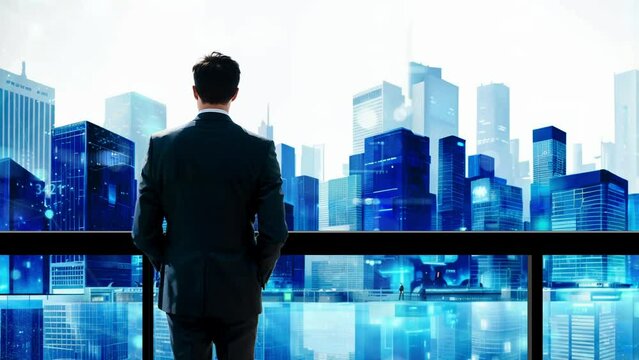 Business man overlooking city skyline background from office 
