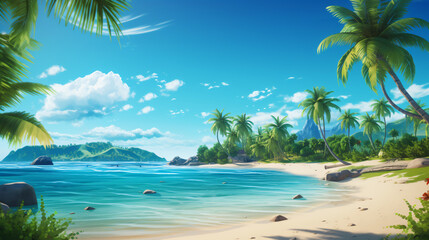 Travel Beach Concept: Pristine white sand meets a tranquil sea bay under a sunlit blue sky....