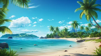 Foto auf Acrylglas Travel Beach Concept: Pristine white sand meets a tranquil sea bay under a sunlit blue sky. Featuring exotic paradise vibes from the Mediterranean to the tropics, with green palm trees. Generative AI © Nico Vincentini