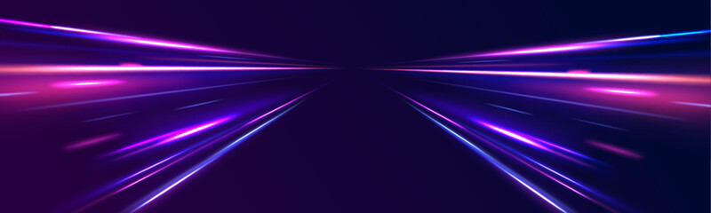 Horizontal speed lines connection vector background. Futuristic dynamic motion technology blue glowing lines air flow effect.  Racing cars dynamic flash effects city road with long exposure. - obrazy, fototapety, plakaty