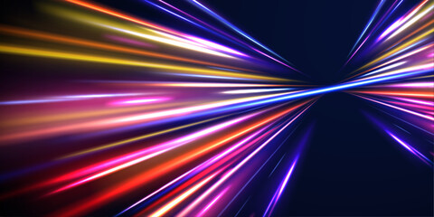 Red blue motion police line, horizontal light rays	Panoramic high speed technology concept, light abstract background. Abstract neon background with shining wires.