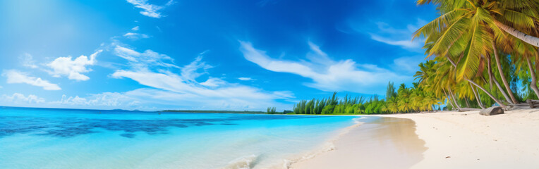 Obraz premium Travel Beach Concept: Pristine white sand meets a tranquil sea bay under a sunlit blue sky. Featuring exotic paradise vibes from the Mediterranean to the tropics, with green palm trees. Generative AI