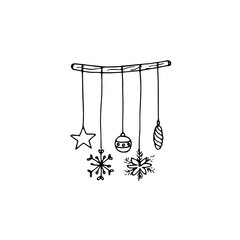Hand-drawn Christmas decoration with star, snowflake, and ball. Vector illustration of Christmas decoration isolated on a white background. 
