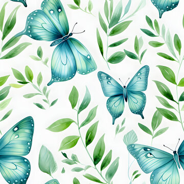 Seamless pattern of beautiful butterflys and leafs. Watercolor illustration nature background