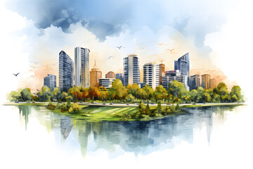 Fototapeta premium Beautiful cityscape with skyscraper and tree with reflect from the river. Watercolor illustration background