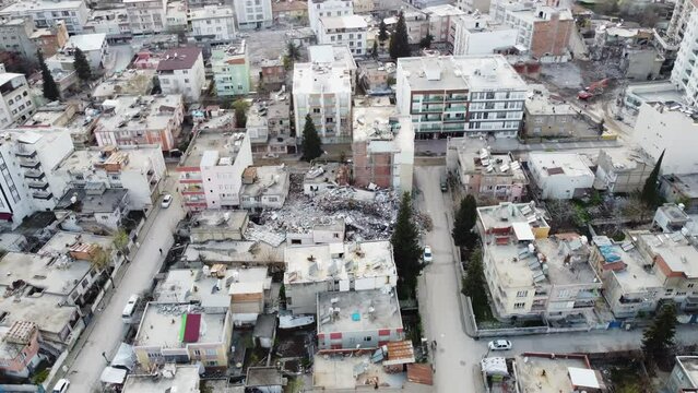 Aerial view of the debris field of a neighborhood destroyed in the earthquake. Adiyaman, Turkey