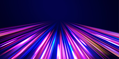 Lines in the shape of a comet against a dark background. Illustration of high speed concept. Motion light effect for banners. The effect of speed on a blue background.