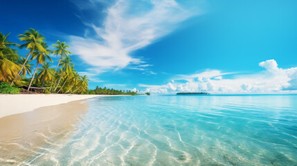 Fototapeta premium Travel Beach Concept: Pristine white sand meets a tranquil sea bay under a sunlit blue sky. Featuring exotic paradise vibes from the Mediterranean to the tropics, with green palm trees. Generative AI