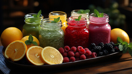 Colorful fresh juices on a wooden desk.