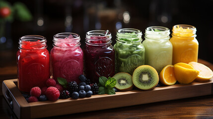 Colorful fresh juices on a wooden desk.