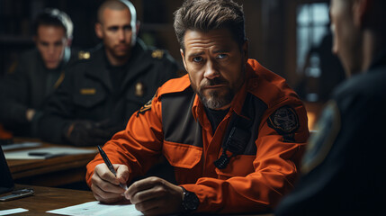 Fototapeta premium Detective talking to murderer. Crime