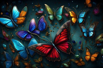 A series of fantastical butterflies, each mimicking the appearance of a different gemstone, such as sapphire, ruby, or emerald