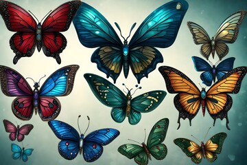 A series of fantastical butterflies, each mimicking the appearance of a different gemstone, such as sapphire, ruby, or emerald