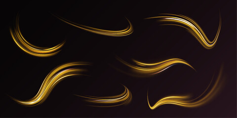 Shine magic gold swirl with flare sparkles. Curved yellow line light.  Long exposure light painting photography, curvy lines of vibrant neon metallic yellow gold against a black background.