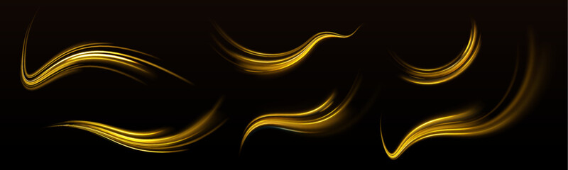 Golden glowing shiny spiral lines effect. Falling fireball meteorite. Vector illustration of a burning falling fireball meteor. 
