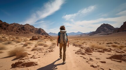 Male hiker, full body, view from behind, walking in the desert