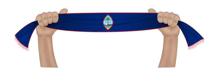 3D illustration. Hand holding flag of Guam on a fabric ribbon background.