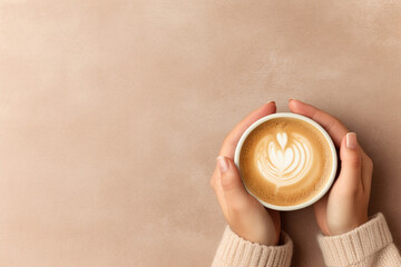 close up of woman in a cosy warm sweater holding a cup of coffee with latte art flat lay with copy space