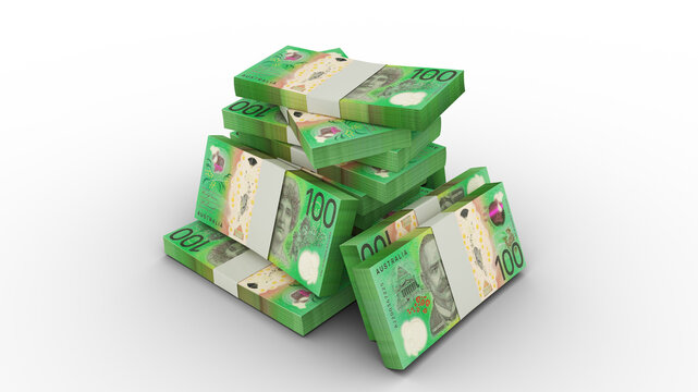 3d rendering of Stacks of 100 Australian dollar notes. bundles of Australian currency notes isolated on transparent background