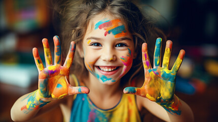 Young girl engaging with colorful paints, hand covered in vibrant hues. Concept of creative and happy childhood against a modern background.

Generative AI
