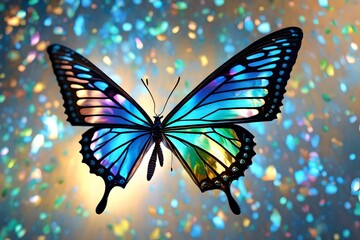 A metallic butterfly with reflective wings, catching and refracting sunlight to create a stunning iridescent effect