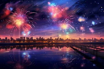 Colorful fireworks on the black sky background over-water and with a view of the city