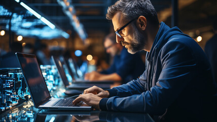 IT Specialist at data center using Laptop Computer. Server farm cloud computing facility with System administrator working. Data protection engineering network for cyber security