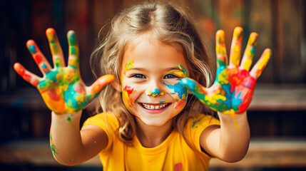 Young girl engaging with colorful paints, hand covered in vibrant hues. Concept of creative and happy childhood against a modern background.

Generative AI