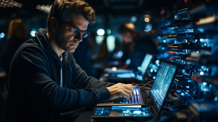 IT Specialist at data center using Laptop Computer. Server farm cloud computing facility with System administrator working. Innovation and technology background concept