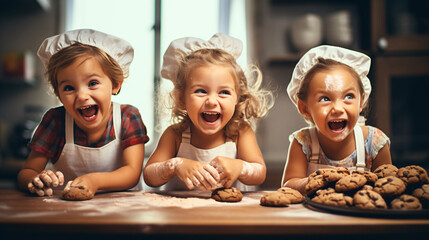 Happy family and playful children baking cookies in a modern kitchen. Concept of creative and joyful childhood.

Generative AI