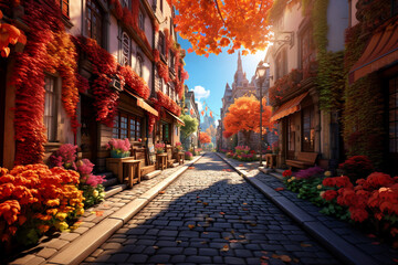 Fototapeta na wymiar illustraition of cute cobblestsone street on warm autumn day, covered with orange fallen leaves and decorated with colorful flowers