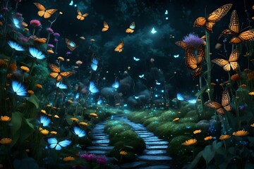 A surreal scene of a butterfly garden at night, with bioluminescent butterflies fluttering around luminous flowers