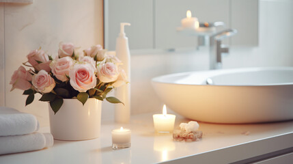 Obraz na płótnie Canvas Elegant white bathroom interior featuring a modern vessel sink, rose, and candles. Romantic zen atmosphere with burning scented candles and a rose.Generative AI