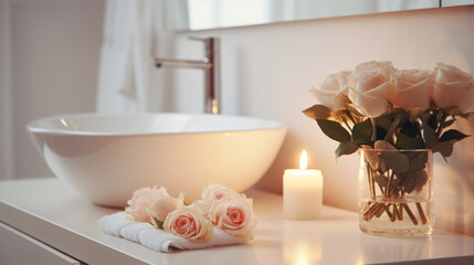 Fototapeta na wymiar Elegant white bathroom interior featuring a modern vessel sink, rose, and candles. Romantic zen atmosphere with burning scented candles and a rose.Generative AI