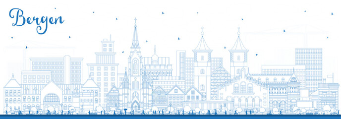 Outline Bergen Norway City Skyline with Blue Buildings. Bergen Cityscape with Landmarks.