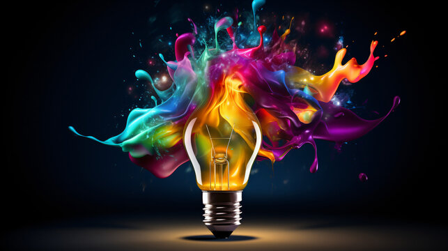 Creative light bulb bursting with vibrant paint and splatters against a dark background. A concept for thinking differently and fostering creativity.

Generative AI