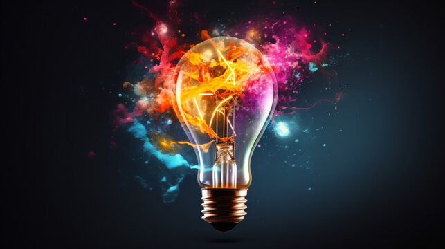 Creative Light Bulb Bursting With Vibrant Paint And Splatters Against A Dark Background. A Concept For Thinking Differently And Fostering Creativity.

Generative AI