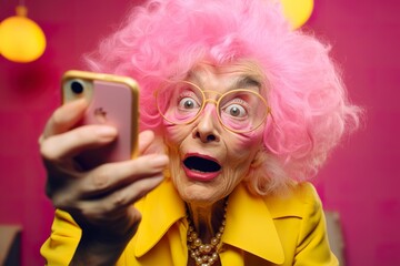 old woman is taking  selfie with her smartphone, in the style of yellow and pink, captures raw emotions, barbiecore