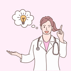 Professional young female doctor character showing, pointing and presenting think idea with hand for decoration. Hand drawn style. vector illustration isolated.