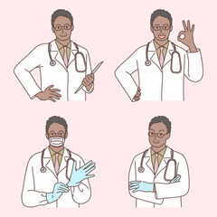 Doctors male characters set. medic workers in uniform with stethoscopes, masks and gloves. hand drawn cartoon vector illustration isolated on white background.