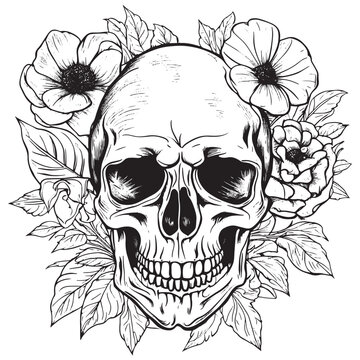 Human skull in flowers sketch hand drawn in engraved style. Vector illustration. For banners, advertisements, posters, backgrounds, invitations.
