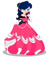 Fairytale Princess in a Beautiful Pink Royal Ball Gown with a Rose in Hand. Fantasy Character Vector Art 