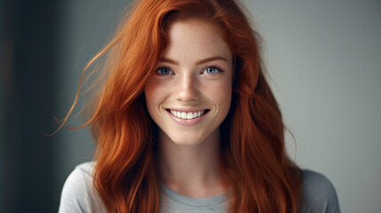 Fototapeta premium Close-up of a joyful and attractive young woman with long, wavy red hair and freckles, wearing a fashionable t-shirt, appearing happy and smiling, set against a background.Generative AI